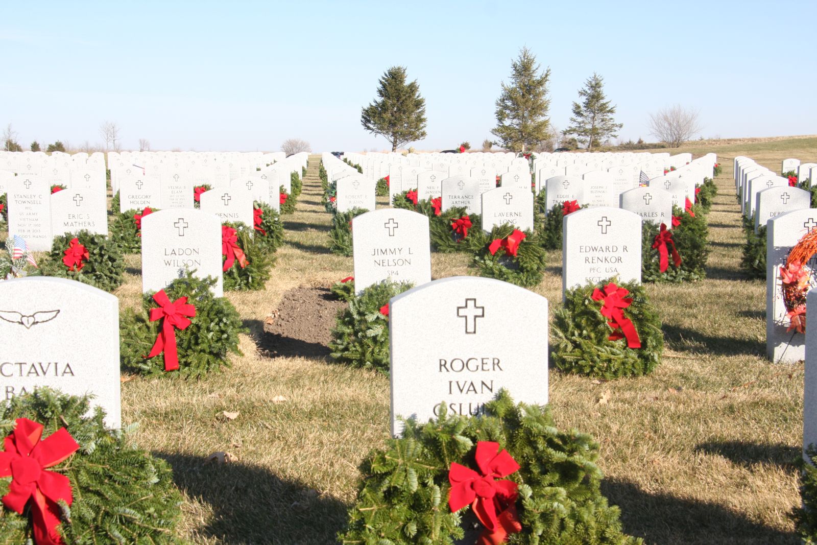 Grave Stones at Abraham Lincoln National Cemetery after wreaths have been put out